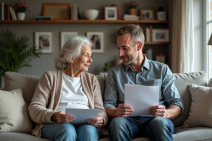 Femme âgée et jeune homme discutant sur un canapé
